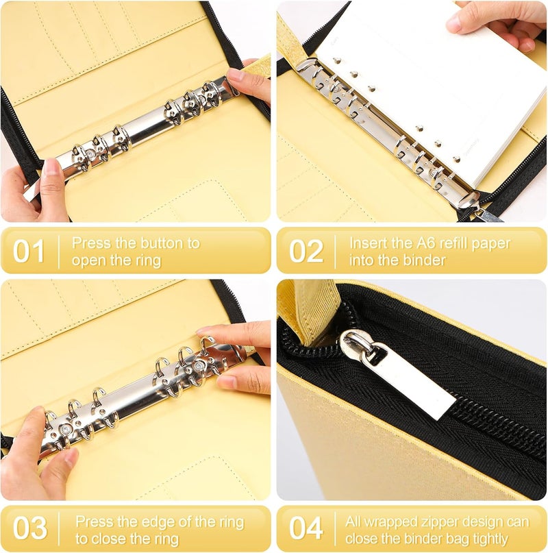 Toplive A6 Budget Binder with Zipper, 6 Ring Refillable Planner Binder Cover for A6 Cash Budget System, PU Leather Personal Organizer Personal Wallet Binder, Glitter Gold - Image 5